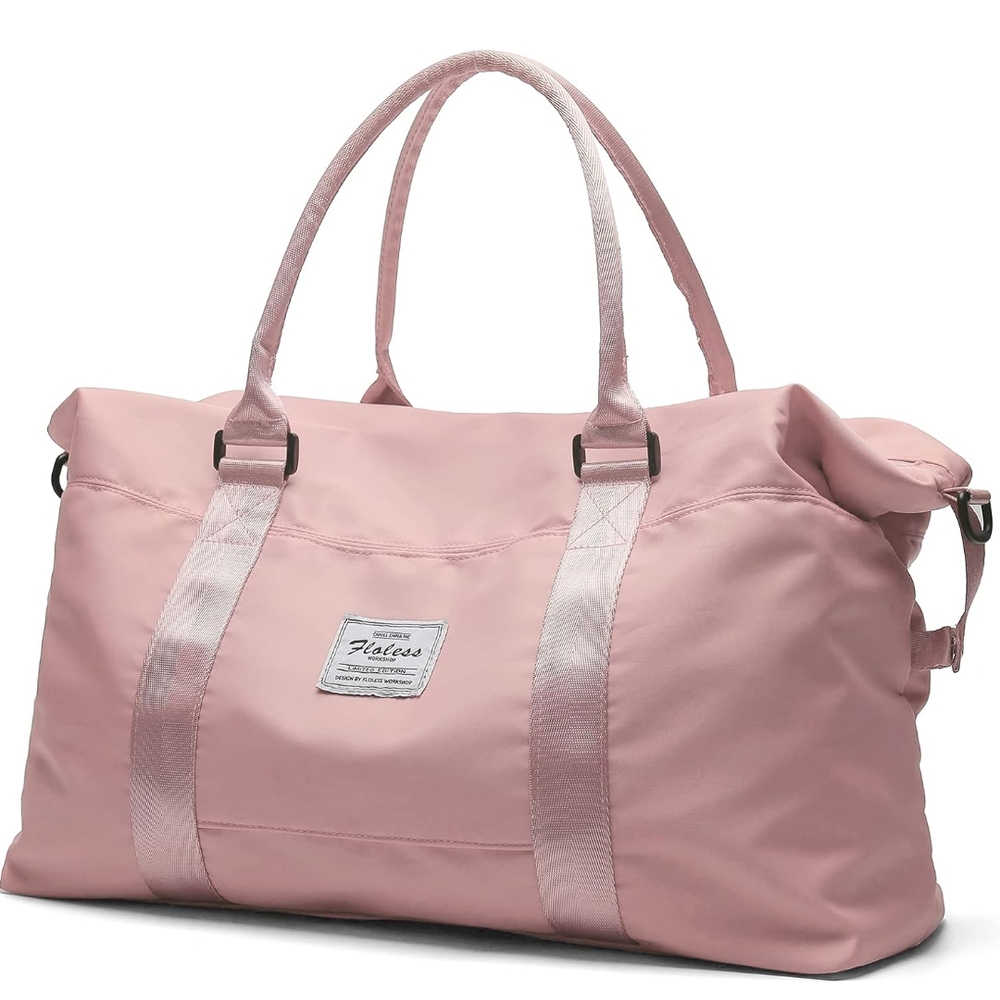 Pastel Pink Travel Bag with Textured Fabric and Silver Straps